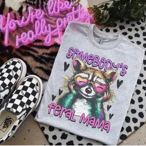 Somebody’s Feral Mama Raccoon Ash Grey T-Shirt - Bleached - Gildan - Unisex