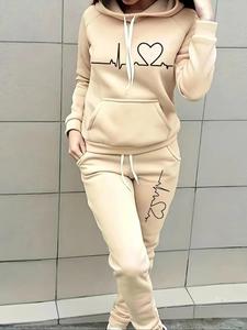 two-piece set women's heart print raglan sleeve hoodie & drawstring waist sweatpants set, casual long sleeve hooded pullover & pocket jogger pants, women's fall & winter clothes, holiday outfits, soft clothes, womenswear
