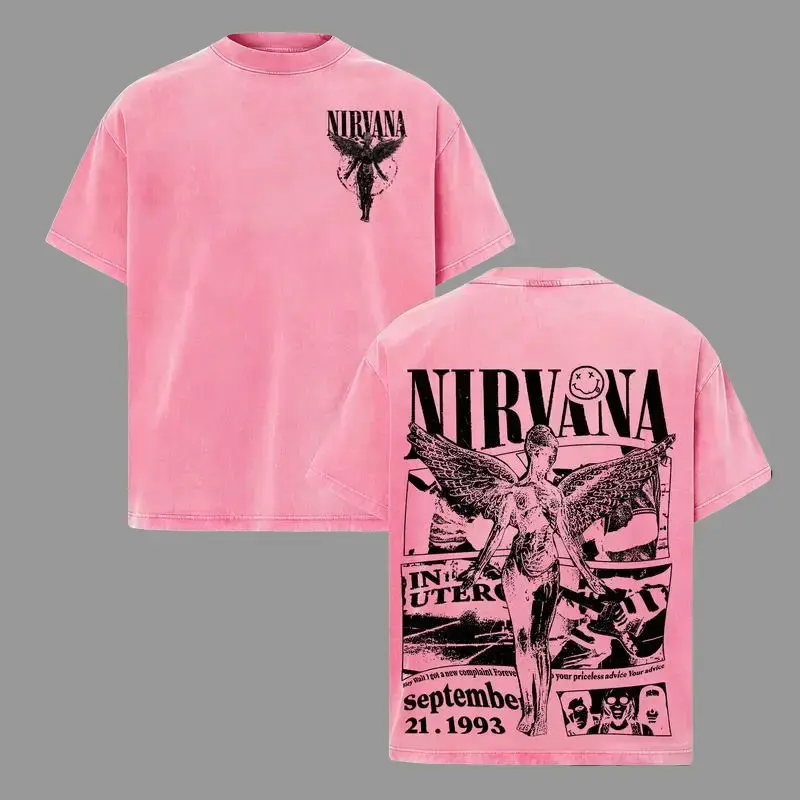 Nirvana in Utero rock band washed t-shirt - 100% Cotton, Crew Neck, Short Sleeve, Fitted, Casual Summer Tee for Men & Women