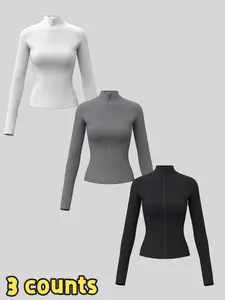 Women's Solid Zip Up Sports Jacket, Lightweight Sports Jacket, Sporty Thumb Hole Long Sleeve Outerwear for Gym Workout Running, Ladies Sportswear for All Seasons, Modern and Comfortable