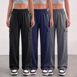 Women’s Elastic Waist Cargo Sweatpants, Loose Wide Leg Casual Pants with Multi-Pockets & Neon Zipper Detail