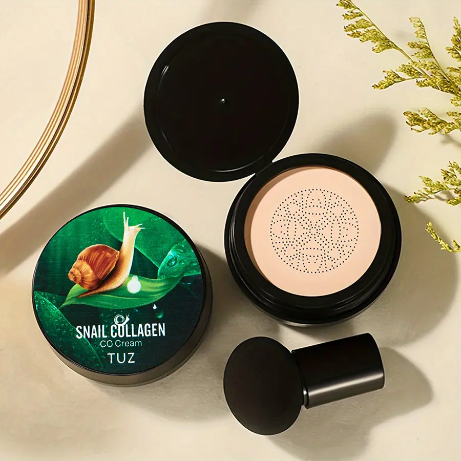 CC Cream Cushion Foundation with Snail Collagen, Brightening Concealer for Flawless Coverage with Mushroom Head Applicator, 10g Natural Color, Smoothing, Youth, Repair, Radiance Boost, No