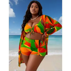 Women's Plus Size 3-Piece Rash Guard Swimsuit Set - Floral Print Beach Bikinis, Quick-Drying Polyester Mix Fabric, Regular-Length Shorts, Supportive Cut Cover-Up - for Summer Beach, Water Sports, Floral Print Bikini