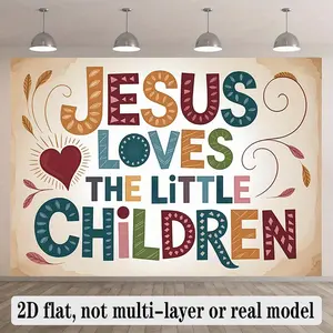 2D Flat, 2D flat banner, 1pc, Jesus Loves Children Religious Party Background Decoration Background Photo Props, Polyester Banner Decor, Home Decor, Room Decor, Wall Decor, Party Background Decor