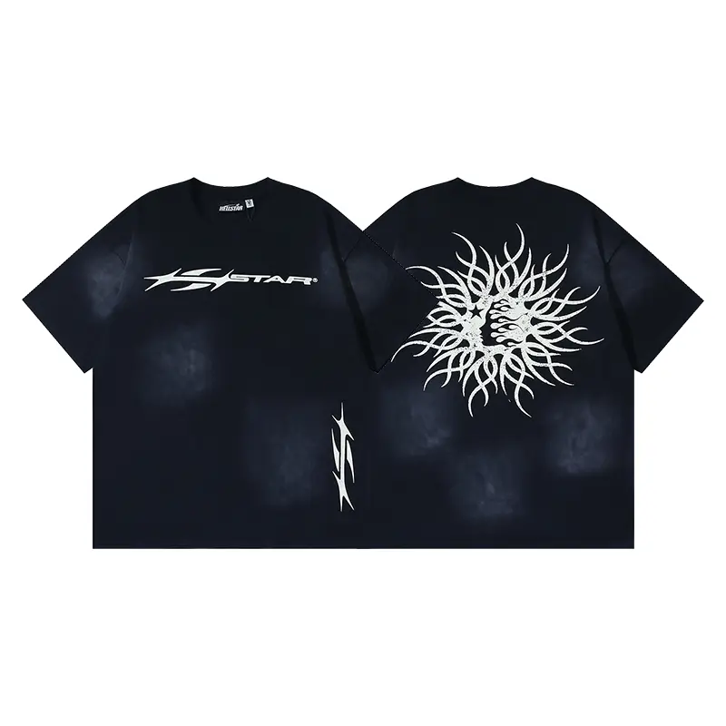 Hellstar Tribal Sunburst Graphic T-Shirt, Metallic Twin Flame Face Back Artwork with Minimal Chest Logo, Washed Black Heavy Cotton Oversized Tee for Men Women, Gothic Y2K Streetwear Fashion Accessories