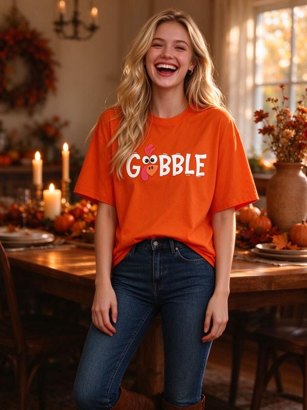 Lady's Funny Thanksgiving Gobble Text Print Cotton T-Shirt - Oversized Casual Comfortable Fabric Top with Relaxed Fit, Spring-Autumn Basic Style Tee for Holiday Party Daily Wear