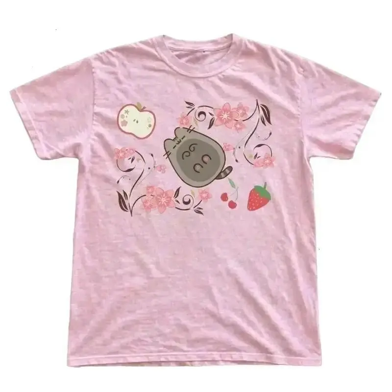 Vintage Pusheen Pink Cat T-Shirt, Cute Cherry Blossom Fruit Graphic Tee, Japanese Style Pastel Aesthetic Gift Shirt, Gildan Unisex Comfort Fit