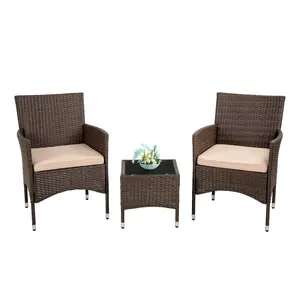 Outdoor Patio Furniture Set 3 Pieces Wicker Bistro Set Rattan Chair Conversation Set with Glass Top Table for Yard Backyard Lawn Porch Poolside Balcony