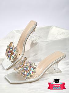 5women's fashionable artificial crystal decor sandals for beach holiday vacation, classy sandals, heels for women, 2025 comfort elegant square toe heeled sandals for summer, party, back to school stylish footwear, comfortable pu lining heels