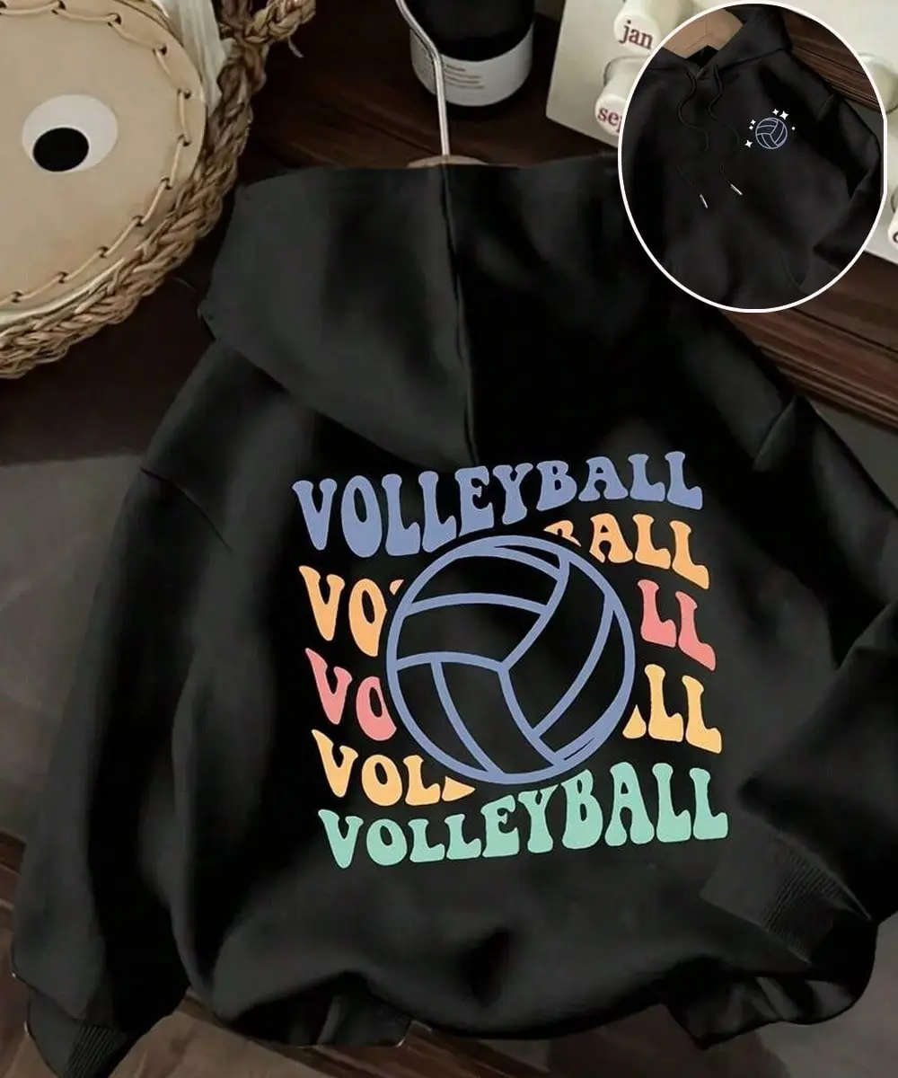 Retro Wavy Volleyball Repeat Text Hoodie, 270G Brushed Fleece Oversized Black Hooded Sweatshirt, Colorful Bubble Letter Volleyball Graphic, Small Volleyball Logo On Hood, Sports Casual Pullover For Volleyball Players Fans