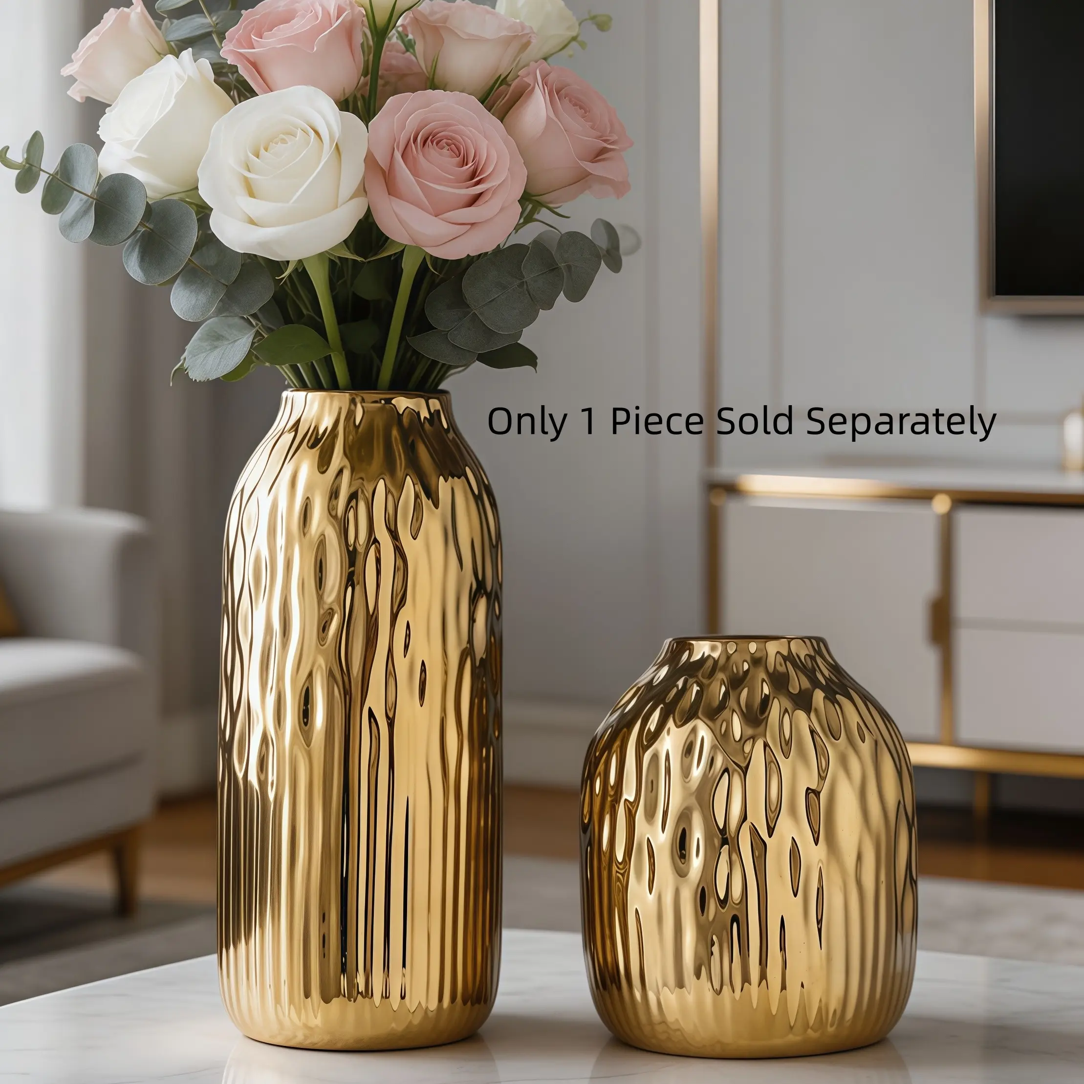 Shiny Electroplated Ceramic Vase, Hammered Texture Cylinder, Luxury Home Decor for Arabic Majlis, Modern Elegant Accent, Gold Vase, Cylinder Vases