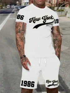 Summer Men's Two-Piece Set, Round Neck Printed T-Shirt & Short Pants Sportswear, Casual Fitted Knee-Length