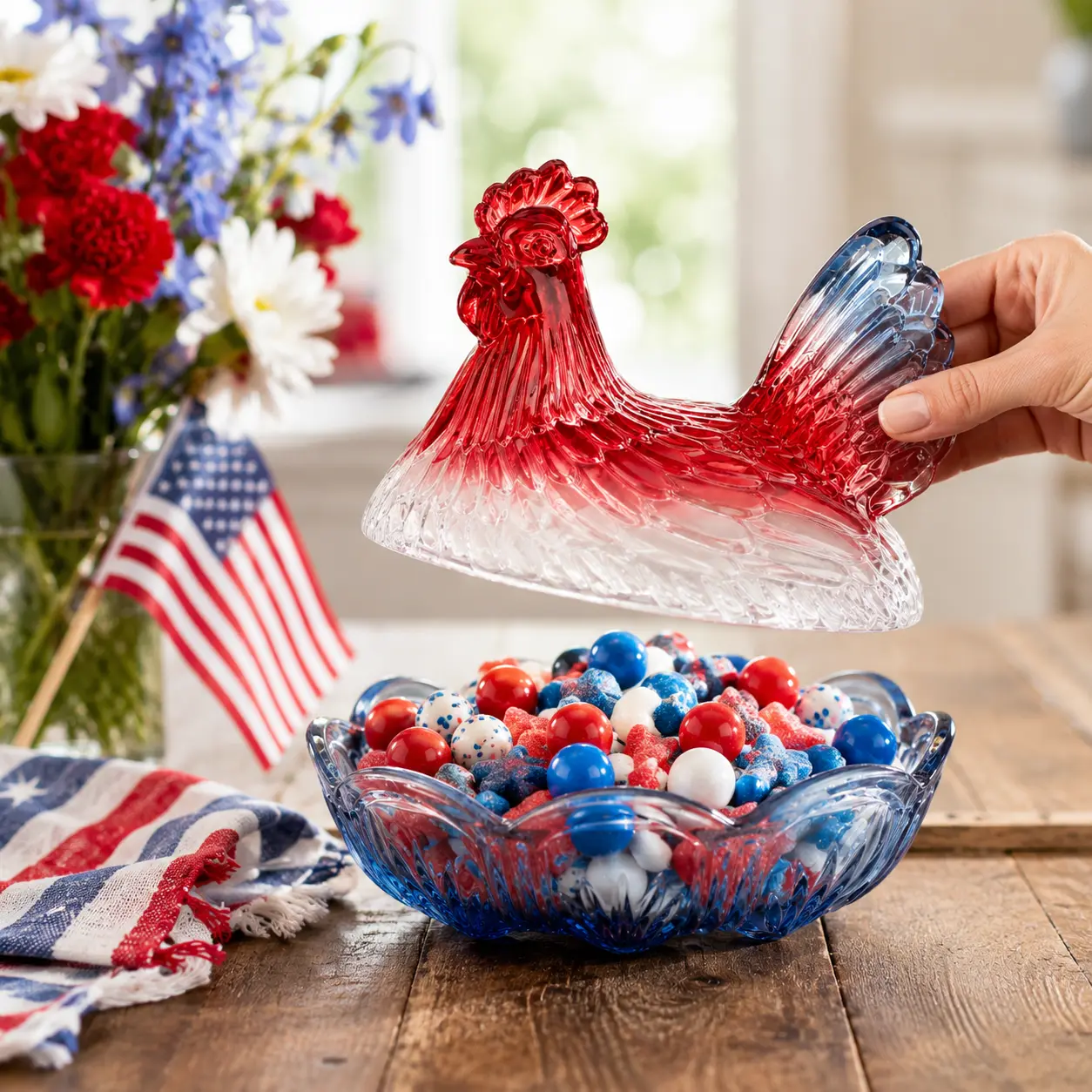 Patriotic Irregular Design Glass Chicken Candy Jar with Lid - Red White Blue 4th of July Candy Dish, Farmhouse Decorative Cookie Storage Container, Independence Day Kitchen Gift, Patriotic Design