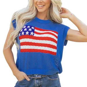 Women's Americana Flag Print Short Sleeve Sweater - Womenswear Top, Relaxed Fit, Eye-Catching Design, Perfect for 4th of July, Patriotic Events, Retro Americana Vibe, Tops
