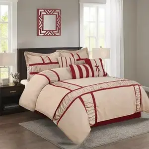 7-Piece Taupe & Burgundy Hypoallergenic Microfiber Ruffle Patchwork Comforter Set with Decorative Pillows – King Size