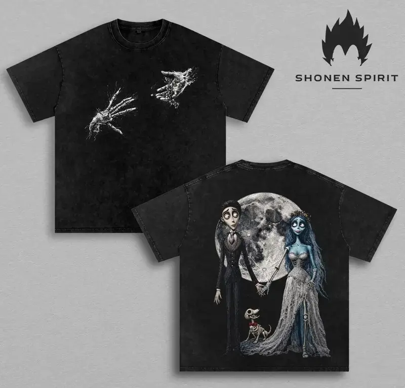 Corpse Bride Moonlit Love Vintage Washed T-Shirt, Victor & Emily Double-Sided Gothic Graphic Tee, Tim Burton Inspired Heavy Cotton Oversized Halloween Fantasy Streetwear Gift
