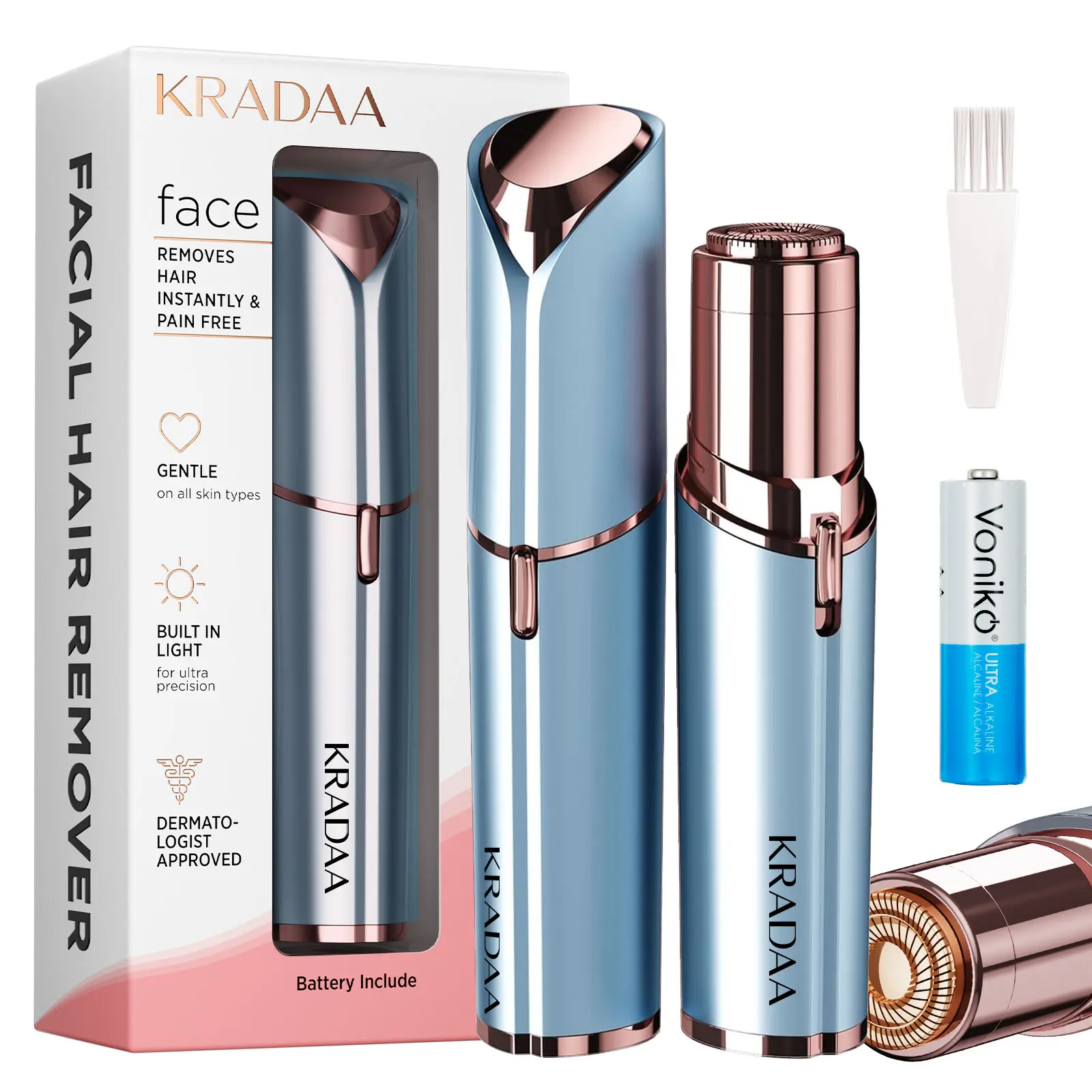 Kradaa Facial Hair Removal for Women: Painless Face Shaver for Women - Electric Face Razor with LED Light - Painless & Instant Results Mini Shaver for Travel Use