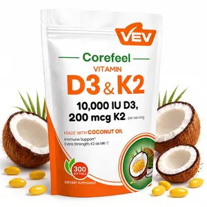 VEV Vitamin D3 K2, 2 in 1 Vitamins Supplement D & K, 10000 IU, 300 Virgin Coconut Oil Softgels, Dietary Healthcare Daily Health Bundle