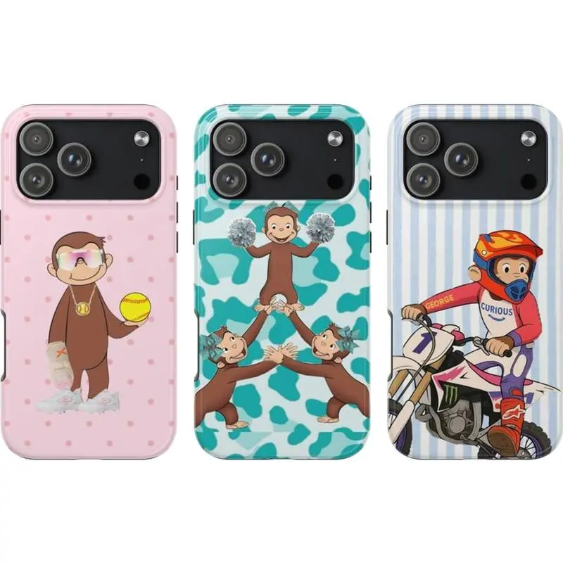Curious George Phone Case – Motocross Rider, Softball Athlete & Cheerleader Pyramid Cartoon Designs | Tough Dual-Layer Durable Protective Cover | Trendy Gift | Compatible With iPhone 11–17