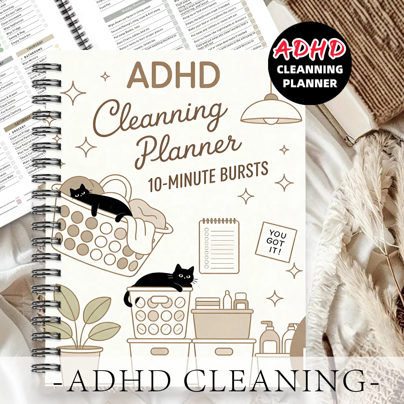 1pc ADHD Household Cleaning Planner Themed Academic Notebook, Short-burst Style - Black Cat Lying on A Laundry Basket Pattern, Plan Ten-minute Quick Cleaning Tasks, Task Management Notebook, Daily Planner, Workbook Journal, 5.5x8.3 Inch Notebook