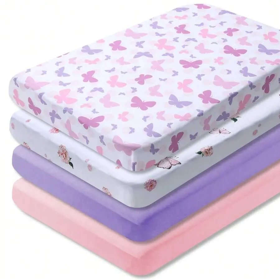 Unisex 4-Piece Super Soft Microfibre Crib Sheets Set, Animal-Flower-Butterfly Prints, Breathable Bedding for Crib & Toddler Mattresses