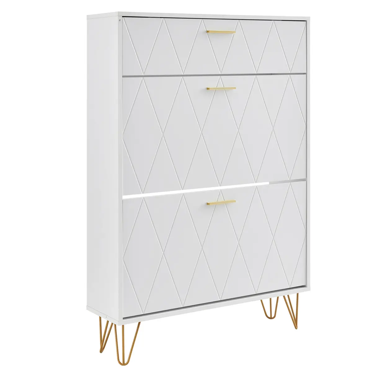 Fahuac Rectangle Flip-Up Shoe Organizer – 3-Tier Shoe Cabinet with 3 Flip Drawers, 45.3 x 18.5 x 6.7 in, White Entryway Shoe Storage Cabinet with Metal Legs and Aluminum Handles