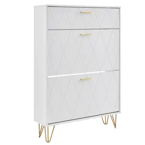 Fahuac Rectangle Shoe Storage Organiser - 3 Flip-Drawers Durable Storage Cabinet, 45.3x18.5x6.7in, White Finish, Real Wood Legs, Aluminum Handles, Racks for Entryway Decor Footwear Organization Wooden