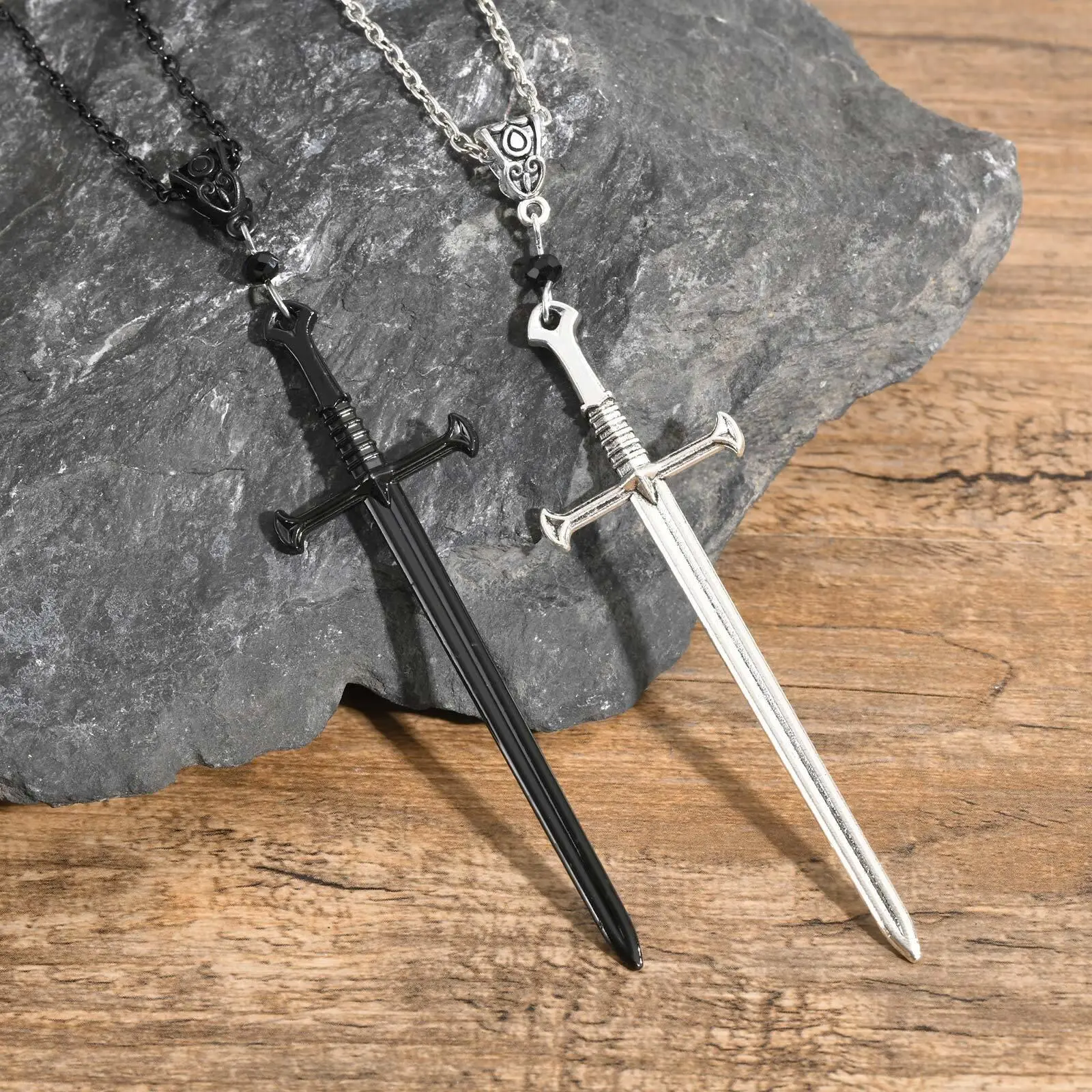 Vnox Large Gothic Black Sword Necklaces for Men Boys, Punk Long Dagger Knife Cross Pendant Collar