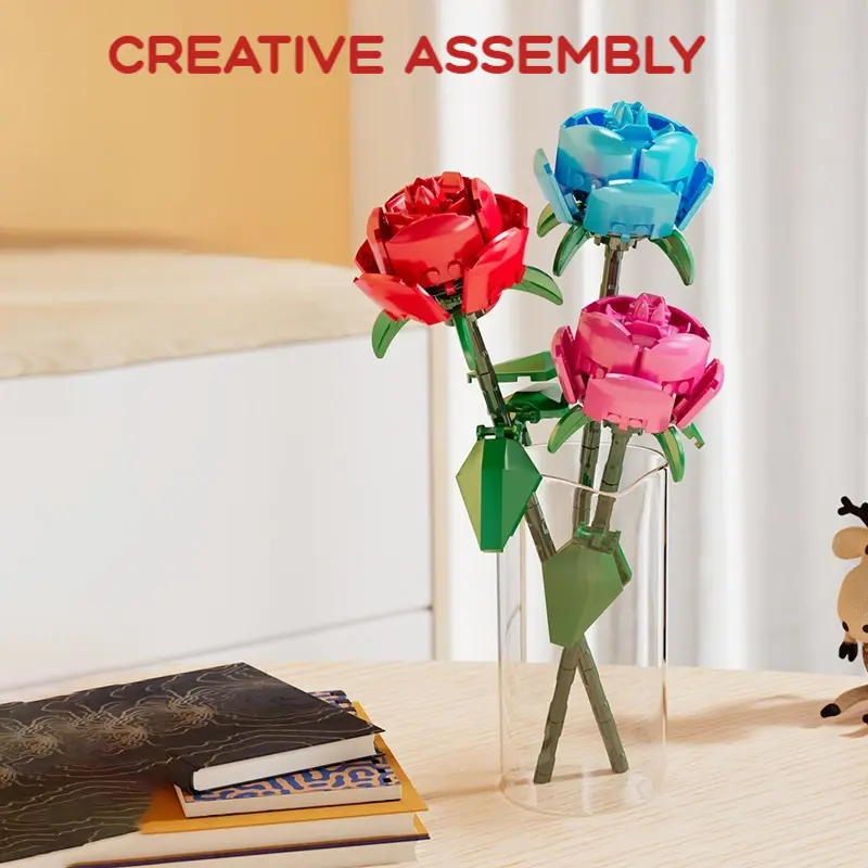 Preserved Satin Flower Bouquet Building Blocks - Luxurious Non-Fading Gift Box, DIY Artificial Flowers Kit, Nature-Infused Decorative Ornaments, Women's Gift for Mother’s Day, Red-Pink-Blue Home Accessories