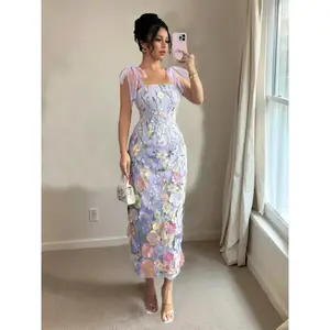 Women's Floral Embroidery Tie Shoulder Cami Dress, Elegant Sleeveless Dress for Party Holiday Wedding Guest, Ladies Clothes for Summer, Formal Dresses Women
