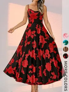 New Summer Women's Chiffon Print Dress, Waist Cinched, Large Skirt, Strappy, Floral Print, Elegant Fashion, Office, Date, Vacation, Versatile Long Dress