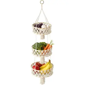 3 Tier Fruit Basket, Basket for Fruit and Vegetable, Cotton Rope Woven Baskets, Boho Wall Baskets Organizing Plant Holder for Indoor