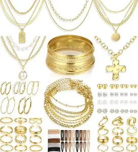 FAXHION Women's 68-Pieces Different Styles Gold Costume Jewelry Set, Including Multiple Chains Necklaces (7), Bracelets (17), Hoops & Studs Earrings (5 Hoop, 15 Stud), Knuckle Rings (24)