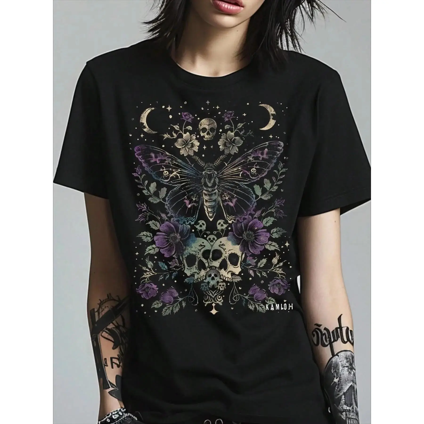 180g[100%cotton]Dark Gothic Skull Moth Graphic T-Shirt| Pastel Goth Moon Floral Witchy Aesthetic Comfy Tee for Streetwear, Grunge & Alternative Fashion| Vintage Witchcraft Occult Inspired Top for Edgy Outfits, Dark Academia & Witchy Aesthetic Lovers