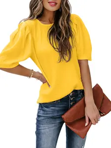 Women's Solid Color Short Sleeve Fitted T-Shirt, Comfortable Bubble Sleeves Shirt, Summer Casual Lightweight Top, Ladies Fashion Tee, Perfect for Daily Wear