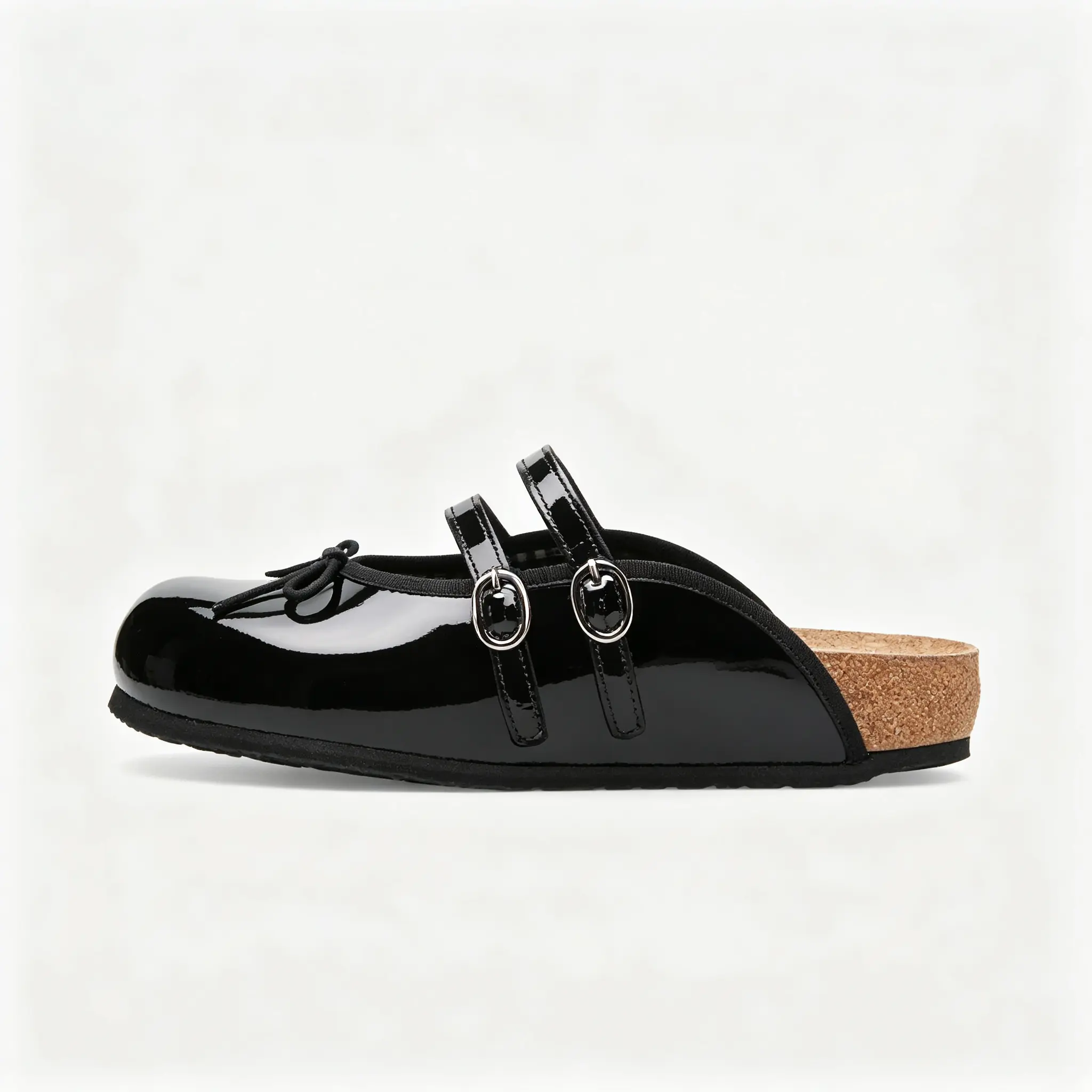 SOVANYOU Glossy Black Mary Jane Mules, Double Strap Bow Slip On Clogs, Cork Footbed Platform Slide Sandals, Retro Ballet Flat Slippers For Women Daily Wear