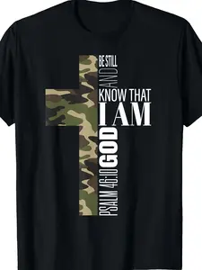 Camouflage Cross Psalm 46 10 God Inspirational BlackTShirt Casual Crew Neck Short Sleeve Tee Stylish Spiritual Design Perfect for FaithBased Events Casual Attire and Gift Giving, PLUS SIZE