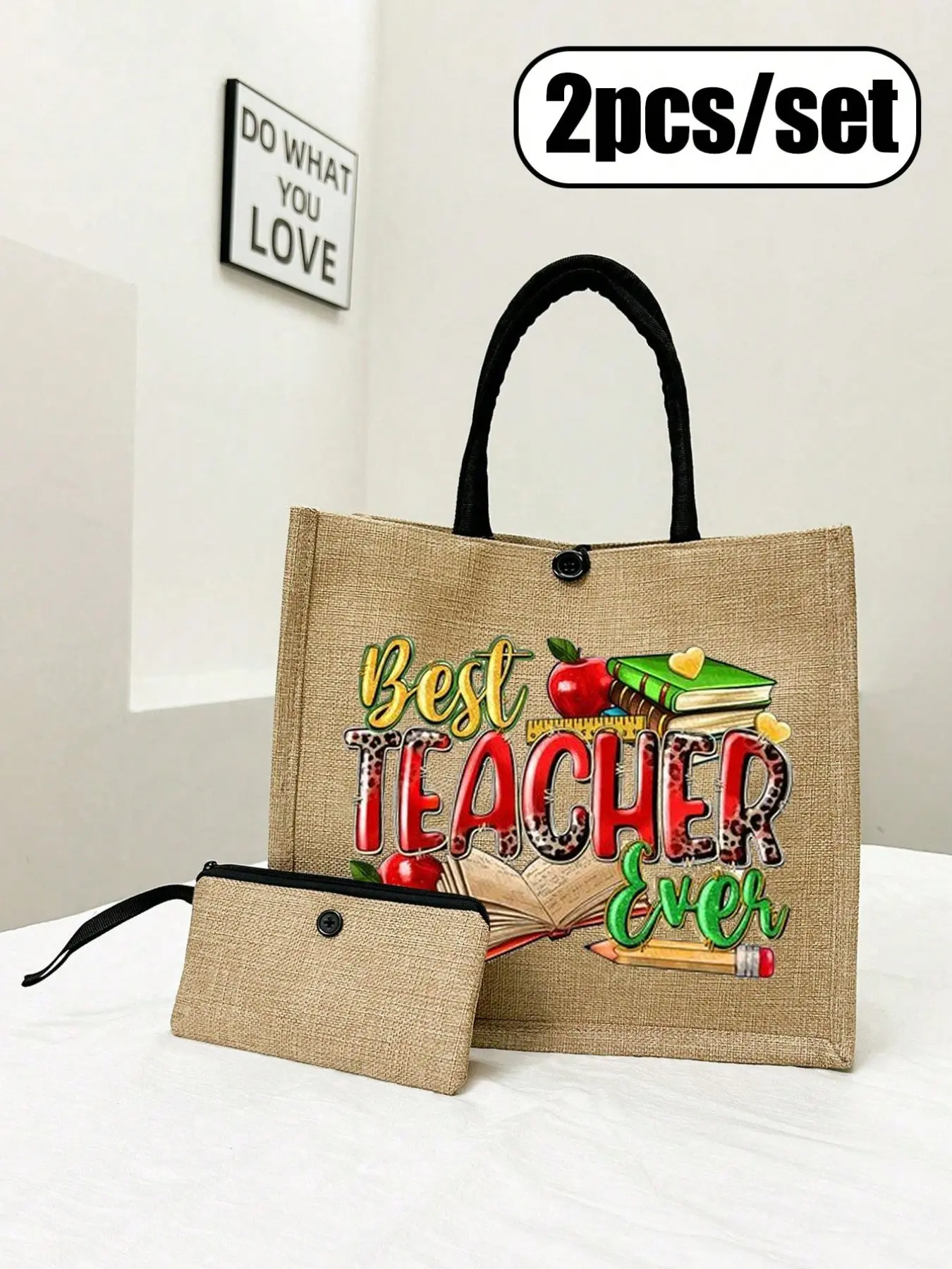 Teacher Appreciation Letter Print Handbag Set, Teachers Day Tote, Perfect Gift for Teachers, Includes Bag, Makeup Pouch, Mini Wallet, Floral Design