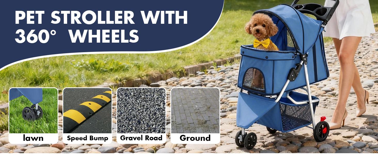 Foldable Pet Stroller for Small Medium Dogs and Cats, 3-Wheel Travel Dog Stroller with Adjustable Canopy, Cup Holder, Removable Pad and Extra Large Storage Basket, 33 lbs Capacity, Blue