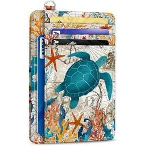 Credit Card Holder Slim Wallet, Sea Turtle RFID Wallet Women Front Pocket Small Card Holder Travel Cute Funny Thin Card Case ID Window PU Leather RFID Blocking Card Organizer Gifts Girls