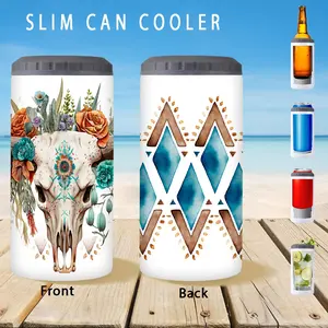 1pc/12oz/350ml,Slim Can Cooler,Insulators,Doucle-Walled Stainless Steel Insulated Slim Cans,2-in-1 Insulated Can Cooler Cup,Western Style Skull & Boho Floral Design,Perfect For Seasonal Holiday Celebrations,Party Supplies,Valentine's Day Gifts