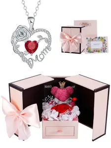 Mother's Day Gift Rose Heart Mom Birthstone Heart Pendant Necklace With Bear Rose Jewelry Gift Box, Exquisite Jewelry Gift, I Love You Mom Necklace, Heart Shaped Birthstone