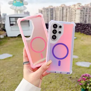 HISTORYOO 2 in 1 Fluorescent Iridescent Magnetic Case for Samsung Galaxy S26 Ultra S25 Plus S24 FE S23 S22 2-layer Color Changing Laser Gradient Dazzling Matte Bumper Shockproof Cover PC Front Frame 4 Corner Coverage Anti-Drop MagSafe Wireless Charger