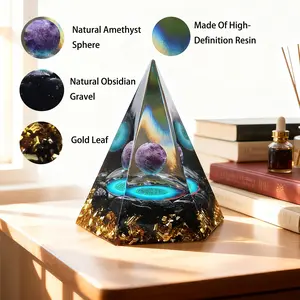 Natural Amethyst Ball and Obsidian Crushed Stone Hexagonal Shape Orgone Pyramid Decoration, Crystal Healing Energy Pyramid Ornament