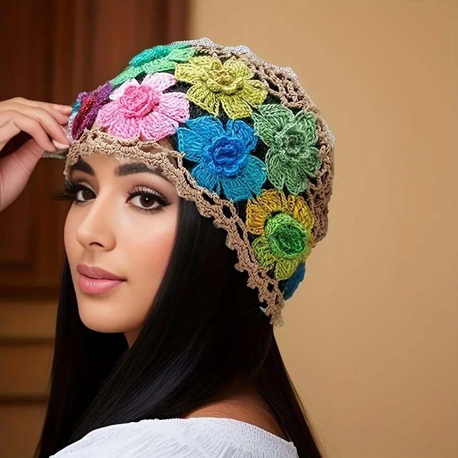 A Women's Multi-color Ethnic Bohemian Crochet Hat, New Spring/summer Style, Artistic Colorful Flower Hat, Melon Seed Hat (flower Color Random)