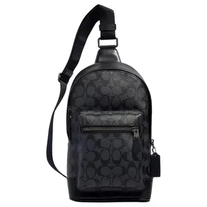 COACH West 20 Classic Logo Multi-Pocket Chest Bag in Coated Canvas and Cowhide Leather, Men's Crossbody Shoulder Bag, Medium Size, Black