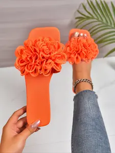 Summer Floral Slip-On Beach Slides Sandals, Flat PU Leather Shoes, PVC Sole, Less Than Ankle Height, Casual Vacation Footwear