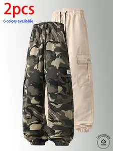 2-pack men’s long pants: camouflage cargo jogger pants with an elastic drawstring waistband and large side pockets; loose fit that doesn’t constrict the legs. Available in multiple colors; suitable for outdoor hiking and camping, everyday streetwear, shor
