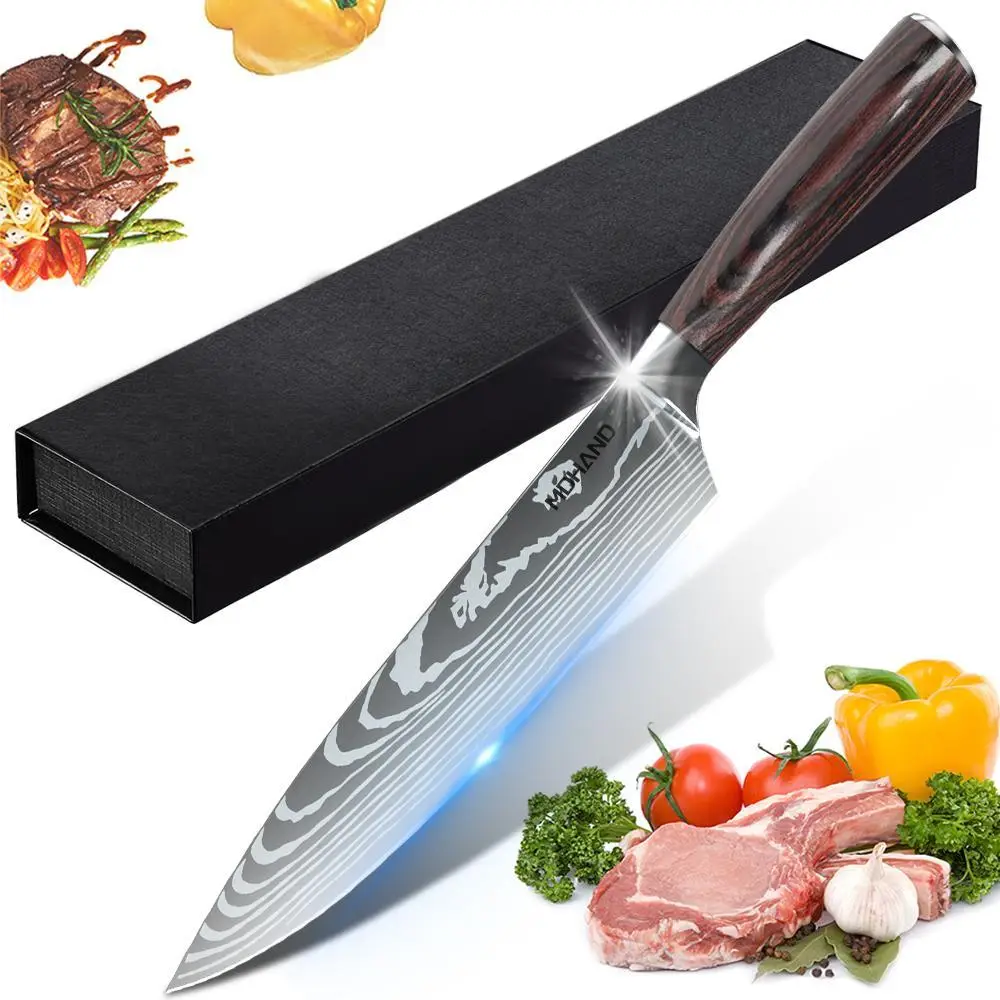 Japanese Chef's Knife - 8 Inch Sharp Kitchen Knife, Damascus Style Stainless Steel Professional Kitchen Knife for Slicing with Sheath, Box Knife Body