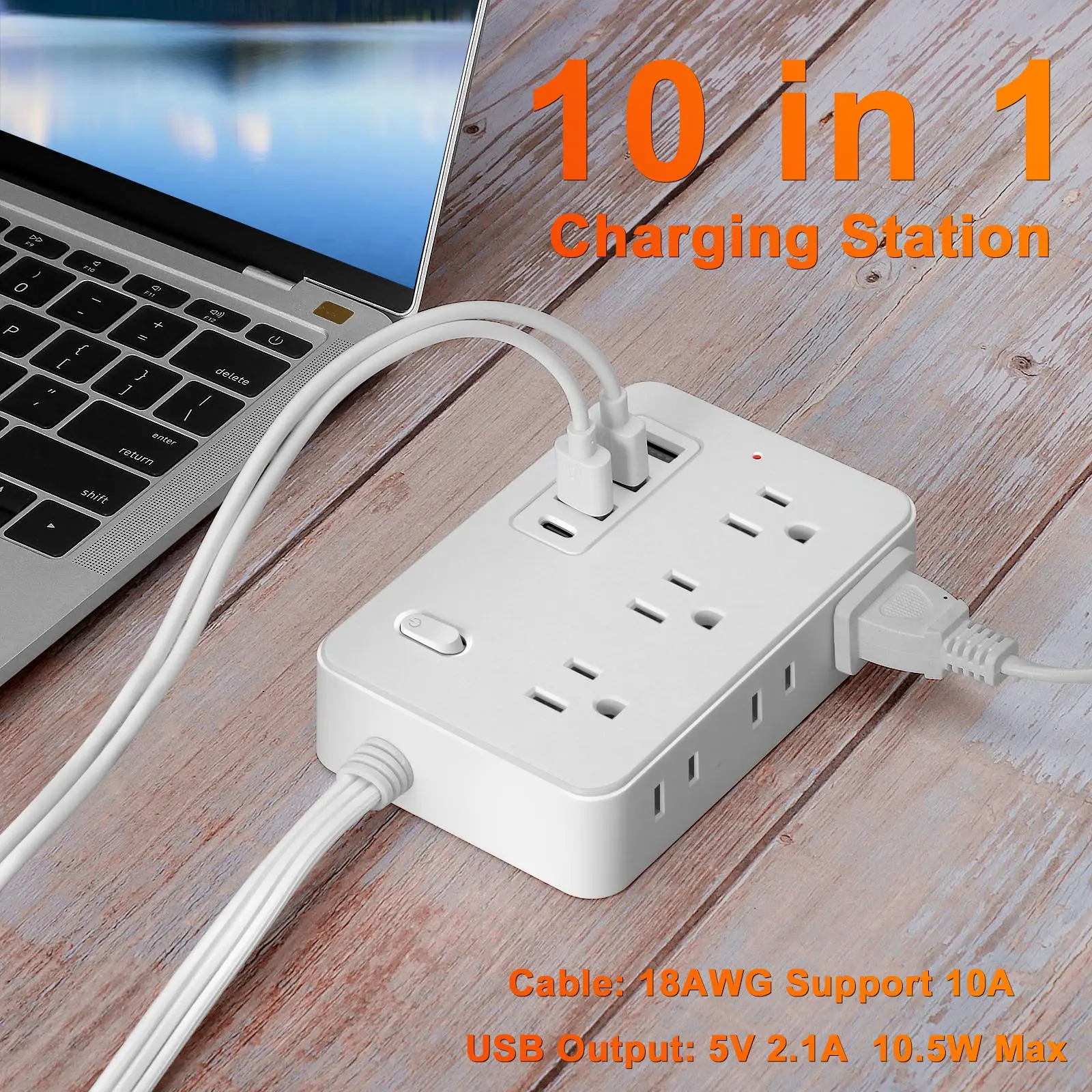 10-in-1 Power Strip with Switch, Multiple Outlets, 6 US Outlets, 4 USB Ports (1 USB-C), 3.9ft/ 1.5m US Plug, Charging Station, Perfect for Office, Kitchen, Dorm, Travel Socket Home Portable